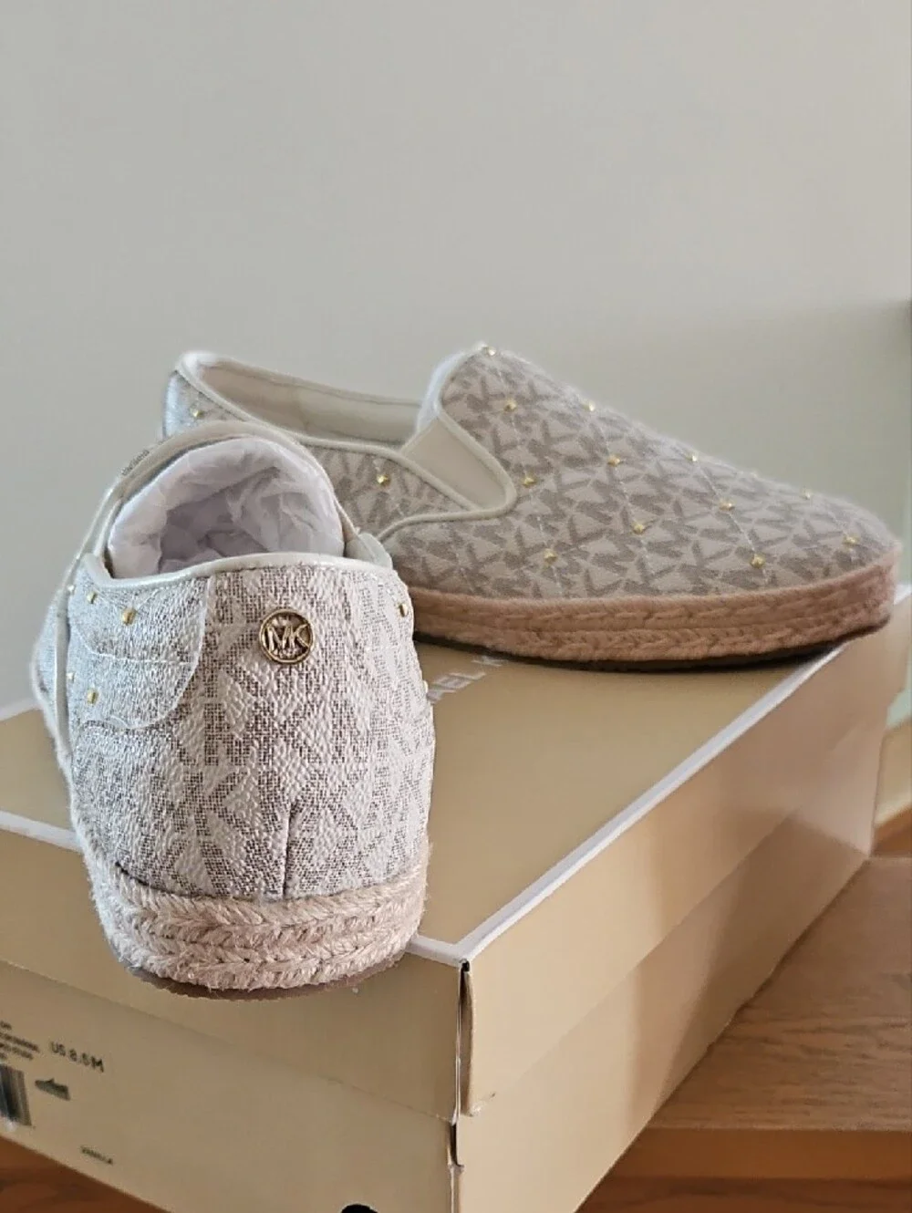 MICHAEL Michael Kors Vanilla Canvas Logo Slip-On Espadrilles with Gold Studs